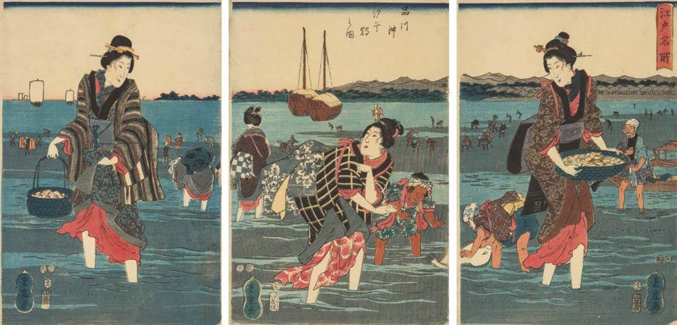 江戸名所 品川沖汐干狩之図三枚続 Edo meisho Shinagawa oki